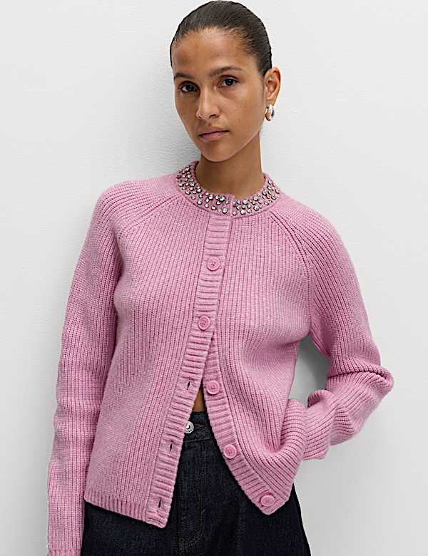 Textured Embellished Button Front Cardigan - US