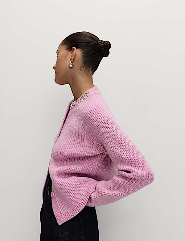 Textured Embellished Button Front Cardigan - US