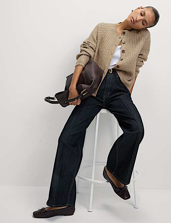 קרדיגן מצמר אוורירי עם צווארון עגול וטקסטורה - IL