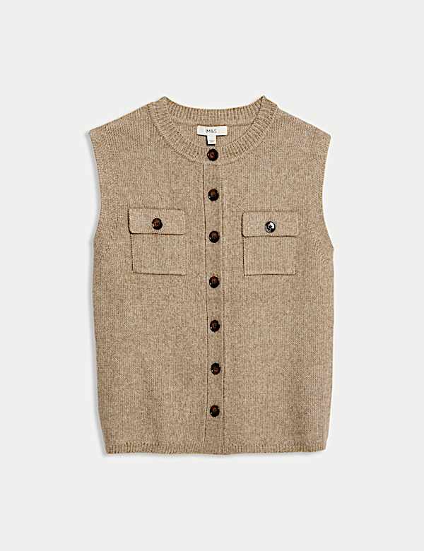 Cloud-Yarn Pocket Crew Neck Knitted Waistcoat - KR