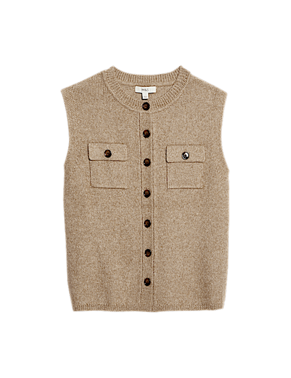 Cloud-Yarn Pocket Crew Neck Knitted Waistcoat