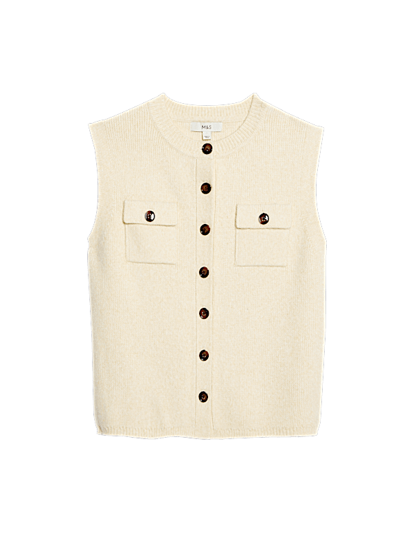 Cloud-Yarn Pocket Crew Neck Knitted Waistcoat