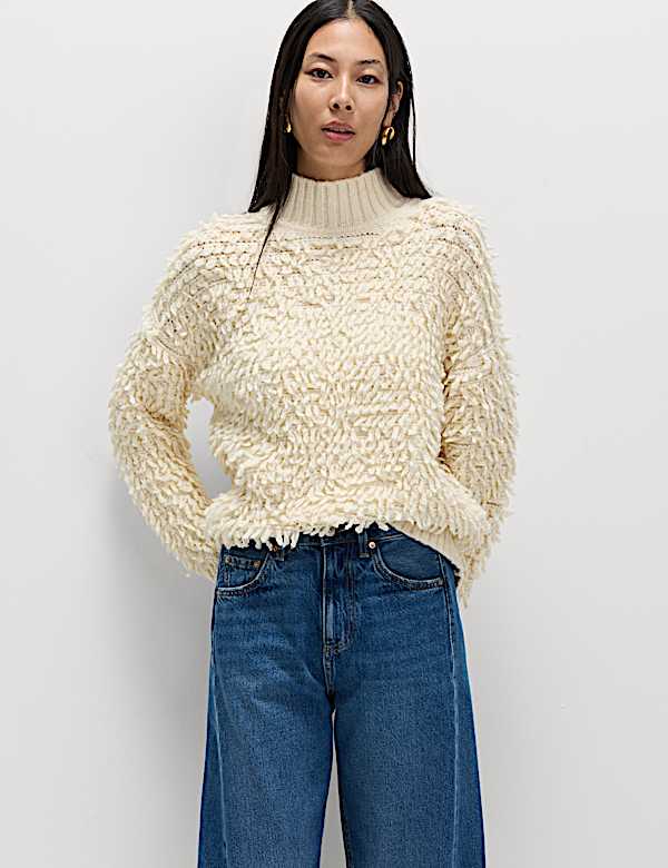 Cold-Yarn Textured Funnel Neck Relaxed Jumper - IT