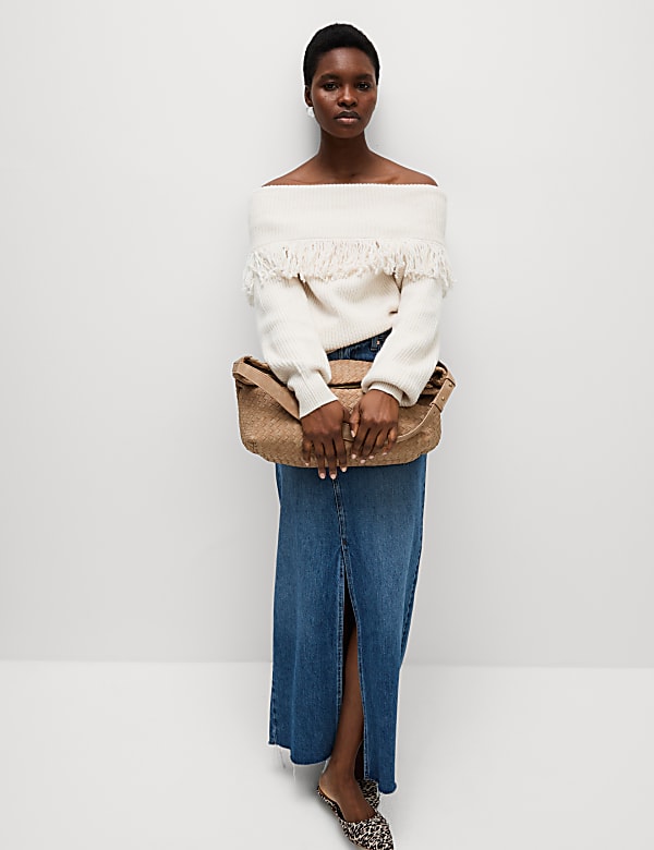 Trui met blote schouder, franjes en structuur - NL