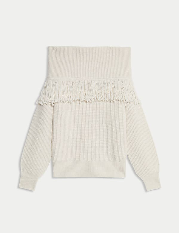 Trui met blote schouder, franjes en structuur - NL