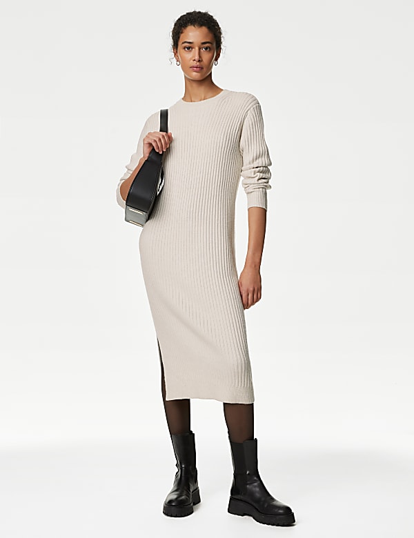 Ribbed Knitted Midi Dress BLACK Dresses M S CZ