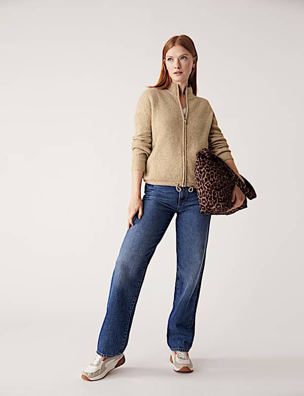 Ribbed Funnel Neck Zip Up Cardigan