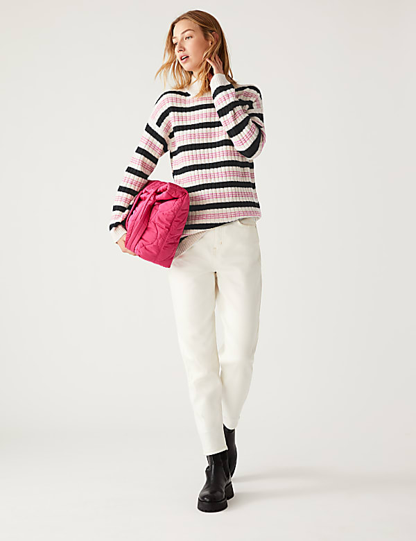 Ribbed Striped Funnel Neck Longline Jumper