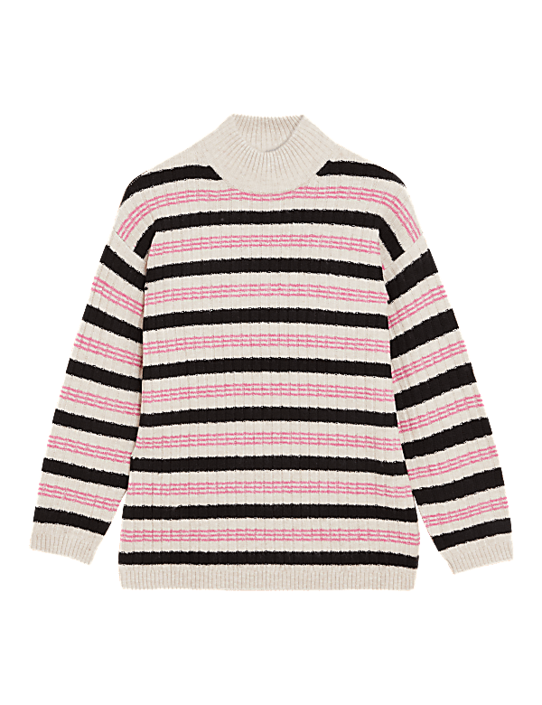 Ribbed Striped Funnel Neck Longline Jumper