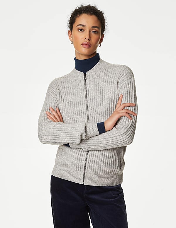 Knitted Ribbed Crew Neck Cardigan