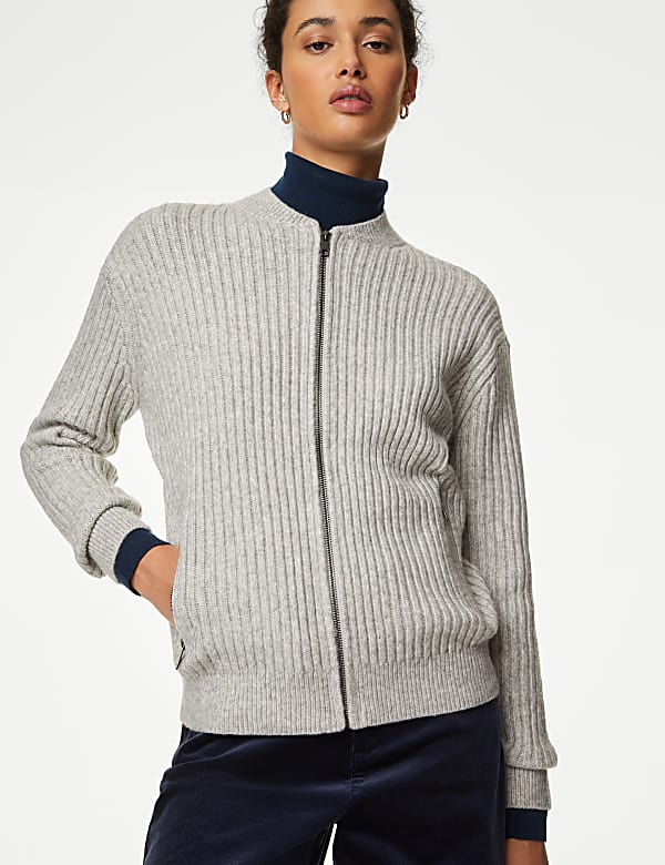 Knitted Ribbed Crew Neck Cardigan