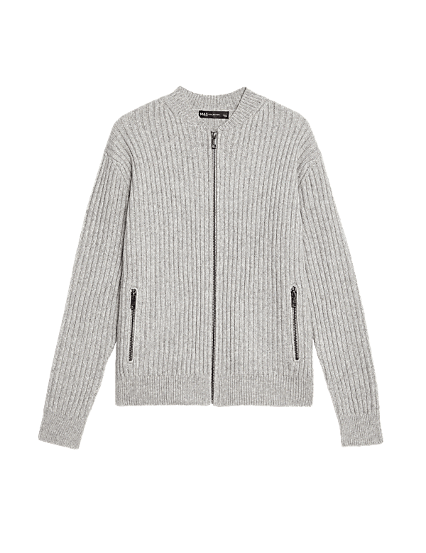Knitted Ribbed Crew Neck Cardigan