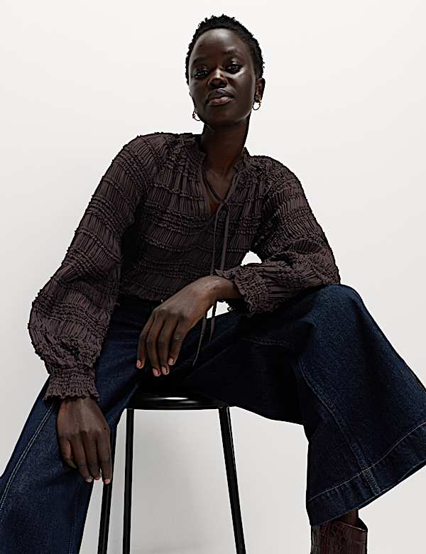 Ruffle Tie Detail Blouson Sleeve Blouse - BN