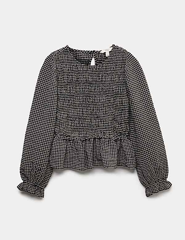 Crew Neck Shirred Checked Blouse - JE