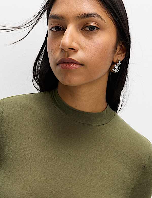 Jersey High Neck Long Sleeve Top with Stretch - DE