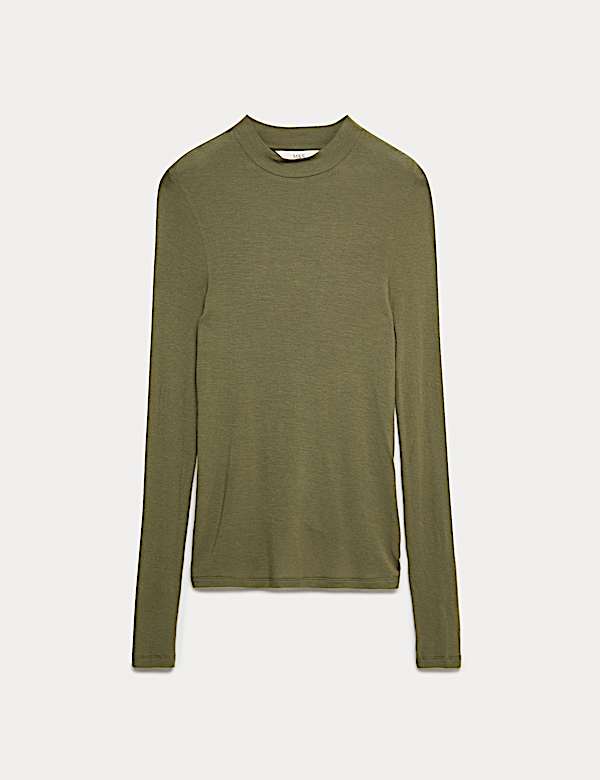 Jersey High Neck Long Sleeve Top with Stretch - DE