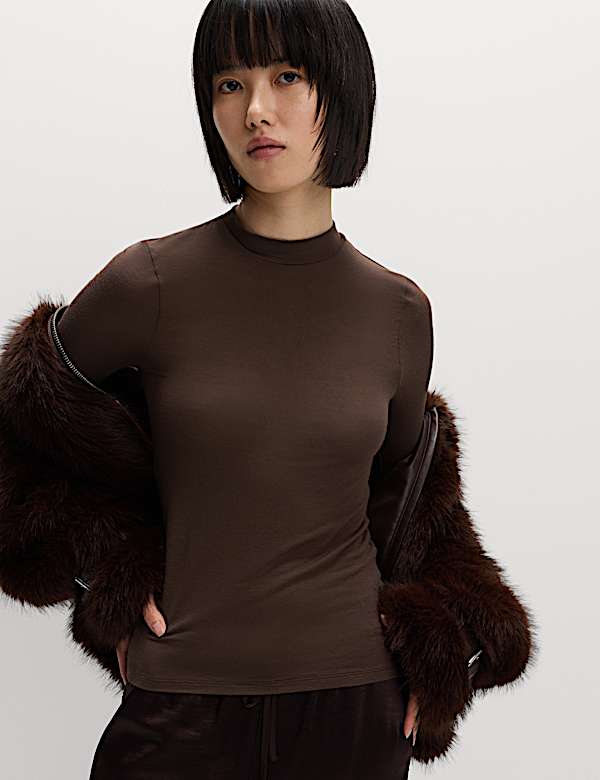 Top de manga larga de punto con cuello alto el&aacute;stico - US