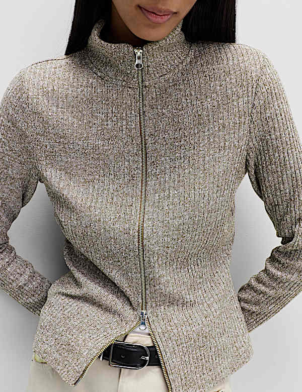 Ribbed High Neck Slim Fit Zip Up Sweatshirt - FR