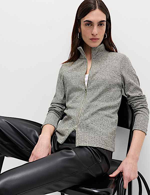 Ribbed High Neck Slim Fit Zip Up Sweatshirt - CZ