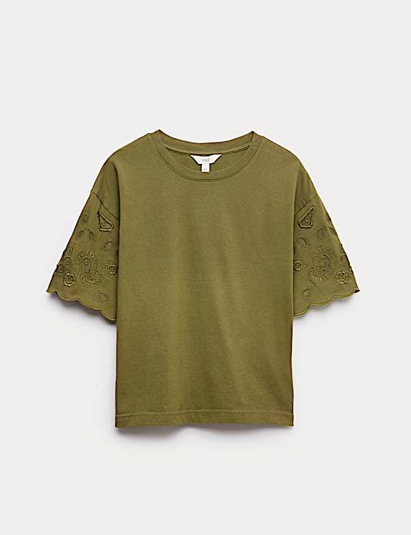 Kastiges T-Shirt aus reiner Baumwolle mit Lochstickerei - AT