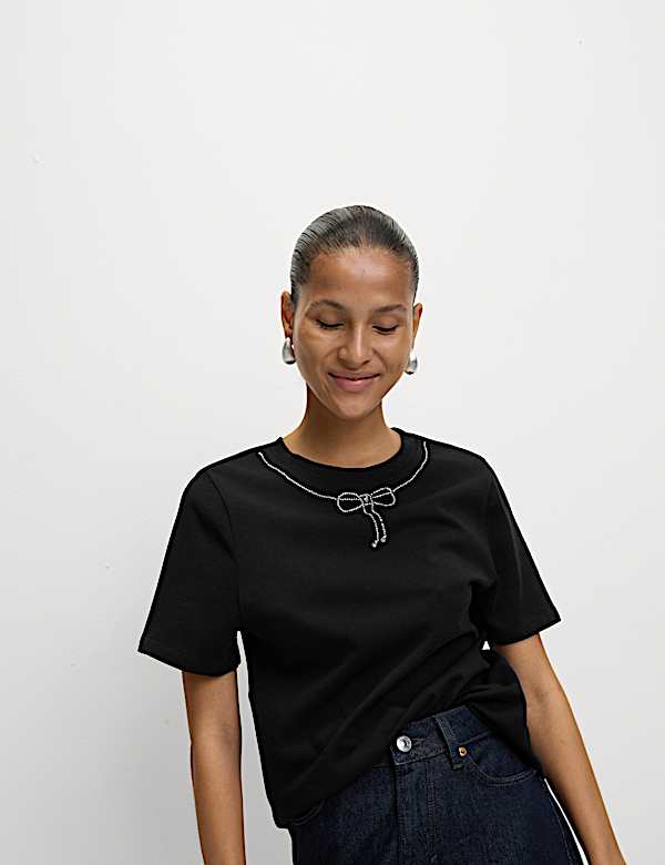 Pure Cotton Bow Embellished T-Shirt - NO