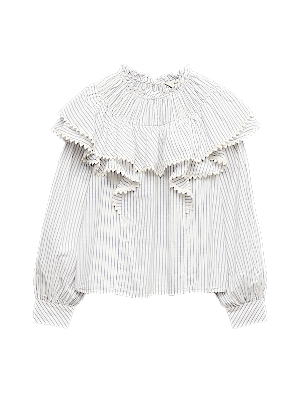Pure Cotton Striped Lace Detail Blouse