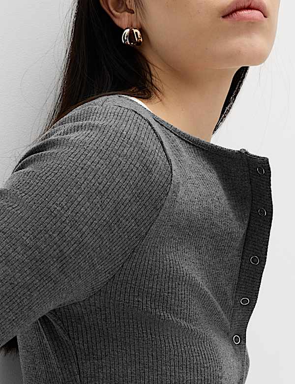Cotton Rich Long Sleeve Popper Henley Top  - AU