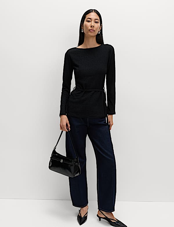 Textured Tie Waist Long Sleeve Top - JP