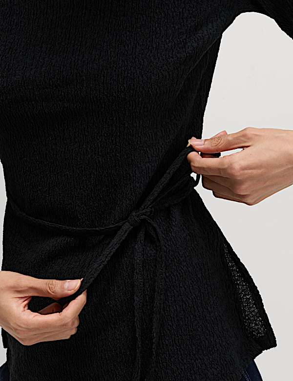 Textured Tie Waist Long Sleeve Top - JP