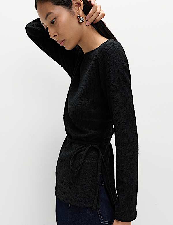 Textured Tie Waist Long Sleeve Top - JP