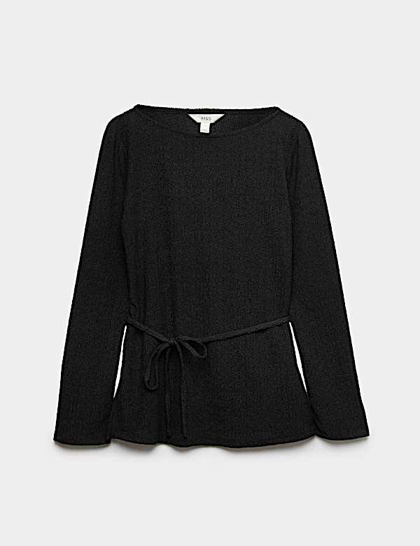 Textured Tie Waist Long Sleeve Top - JP