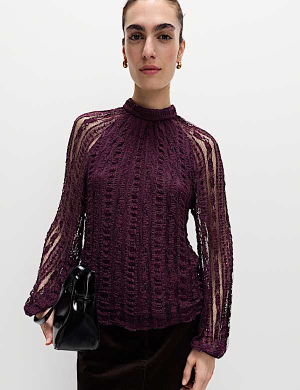 Jersey Lace High Neck Blouse with Stretch