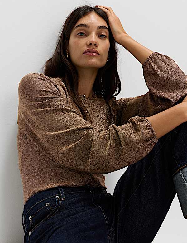 Sparkly Button Through Blouson Sleeve Top