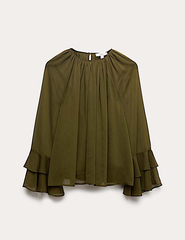 Crew Neck Ruffle Sleeve Blouse - HU