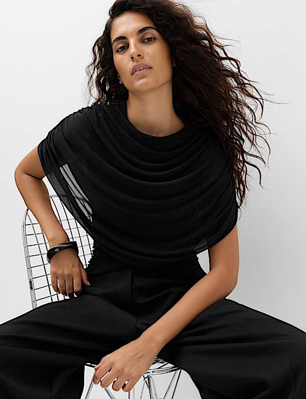 Mesh Draped Crew Neck Top - IL
