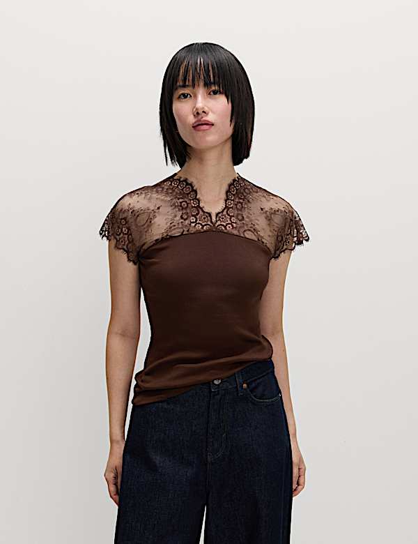Pure Cotton Lace Insert V-Neck Top - GR