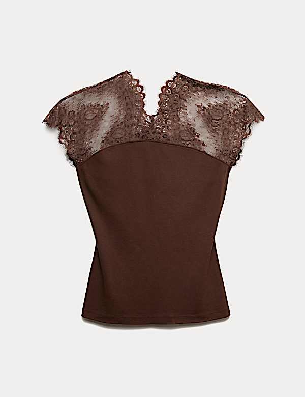 Pure Cotton Lace Insert V-Neck Top - GR