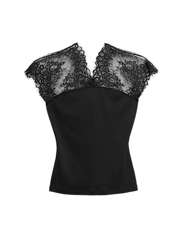Pure Cotton Lace Insert V-Neck Top