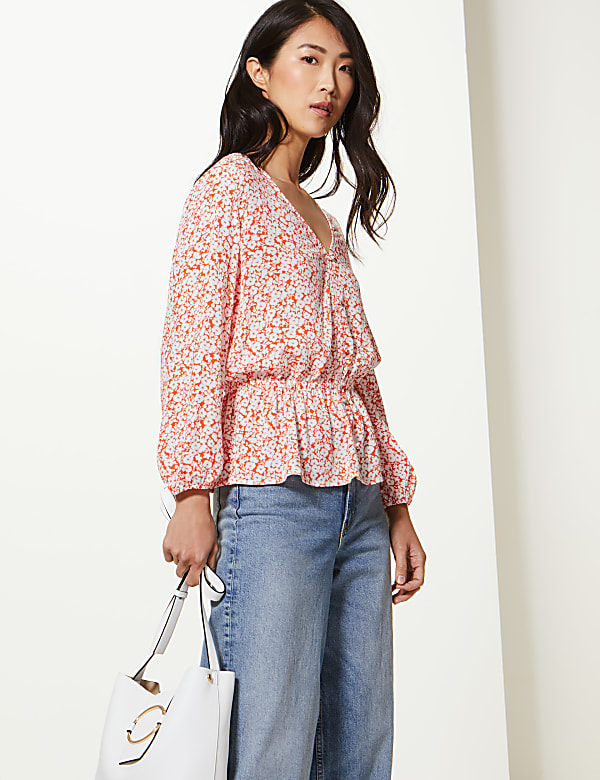 Floral Print Waist Detail Crinkle Blouse