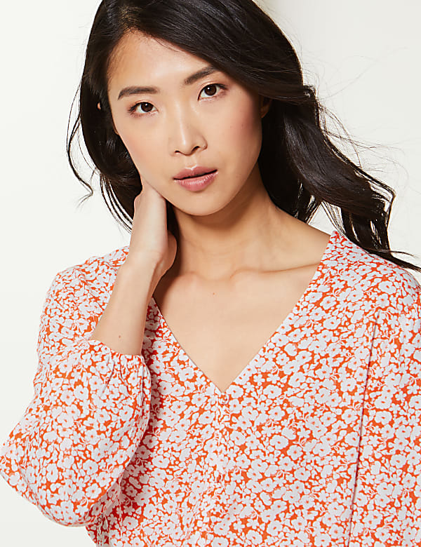 Floral Print Waist Detail Crinkle Blouse