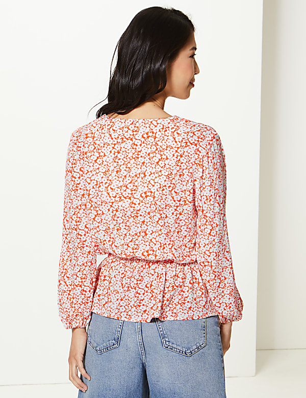 Floral Print Waist Detail Crinkle Blouse