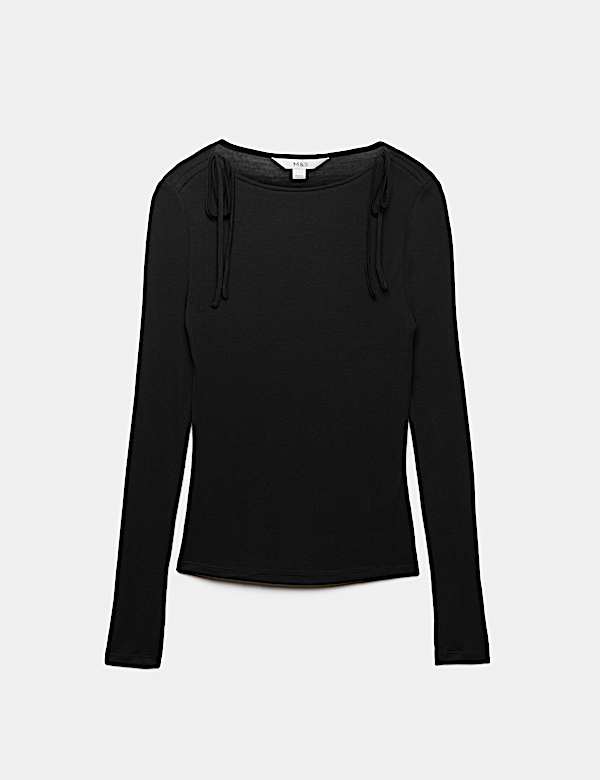 Tie Shoulder Long Sleeve Top With Wool - IT