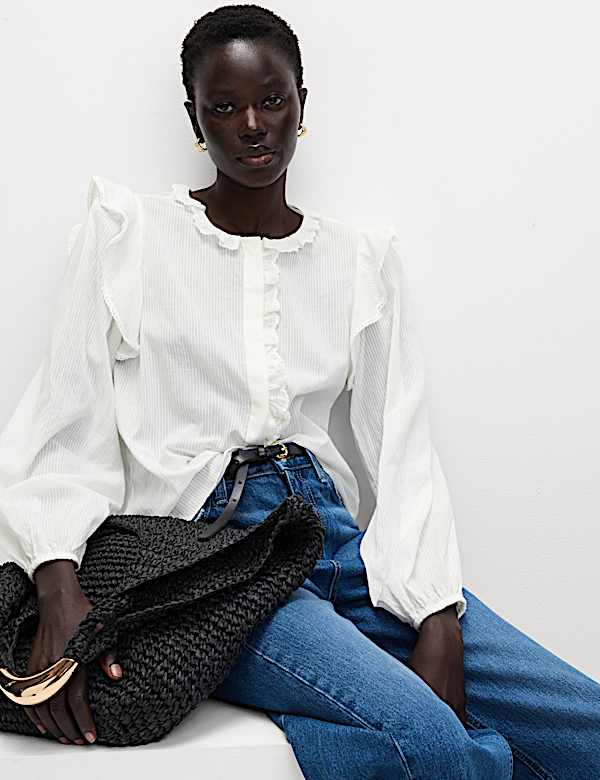 Chemisier 100 % coton à manches blousonnées et encolure à volant - BE