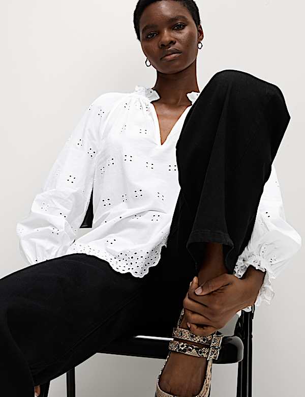 Pure Cotton Broderie Frill Detail Blouse