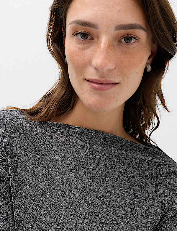 Sparkly Draped Slash Neck Regular Fit Top - null