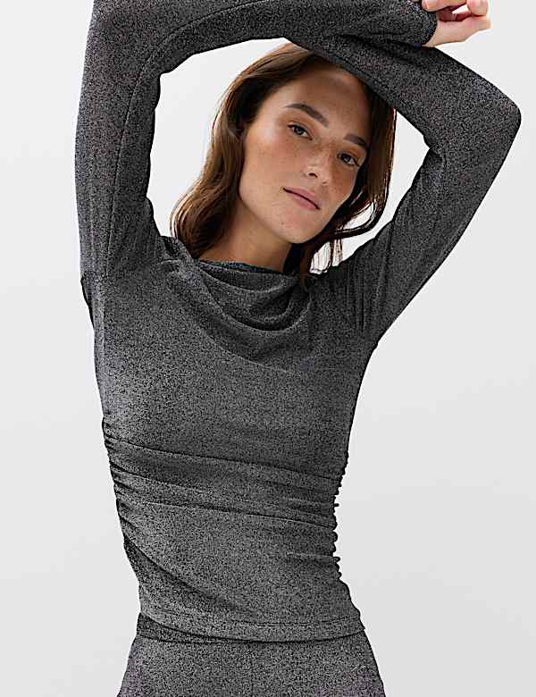 Sparkly Draped Slash Neck Regular Fit Top - null