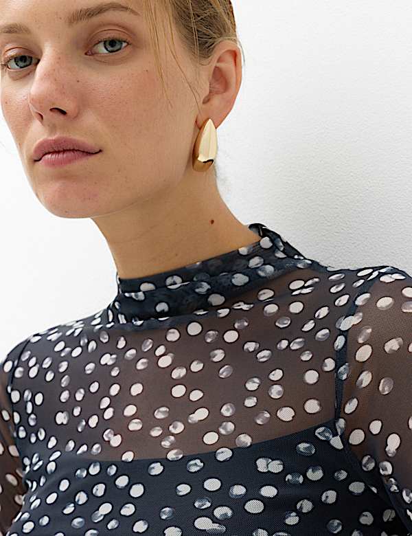 Mesh Jersey Polka Dot High Neck Fitted Top - NZ