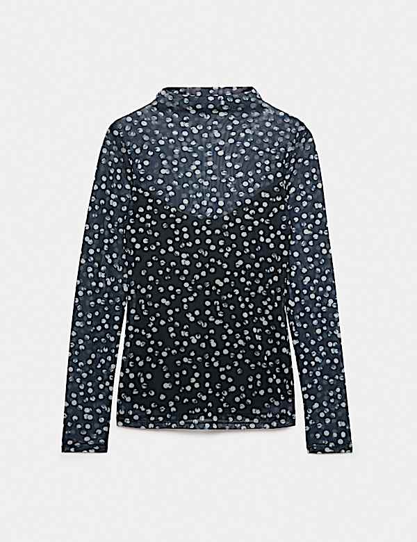 Mesh Jersey Polka Dot High Neck Fitted Top - NZ