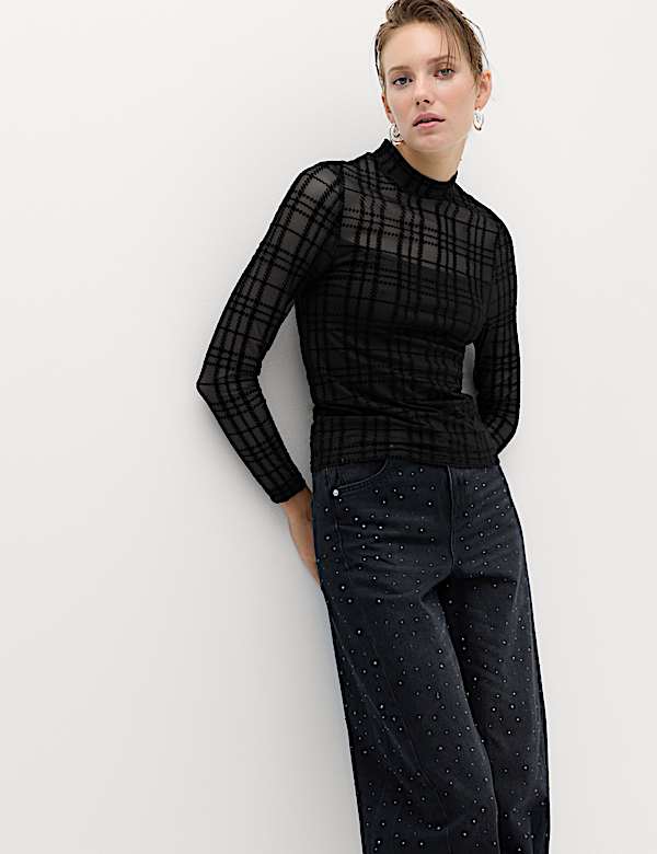 Velvet Mesh Funnel Neck Top - MX