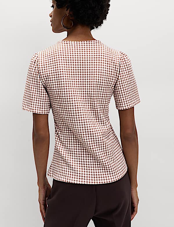 Gingham Textured V-Neck Tie Front Top - MX
